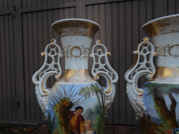 PAIR antique vieux paris porcelain paint romantic Vases