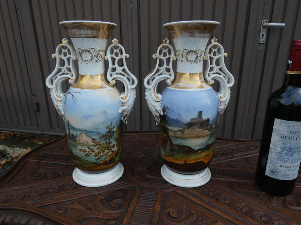 PAIR antique vieux paris porcelain paint romantic Vases