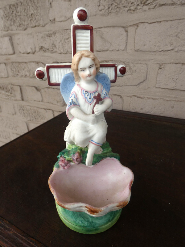 Antique 19thc letu mauger french bisque porcelain young jesus holy water font