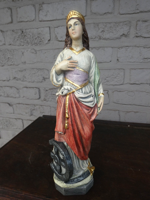 Antique Stoneware Saint Catherine wheel statue sculpture religious rare