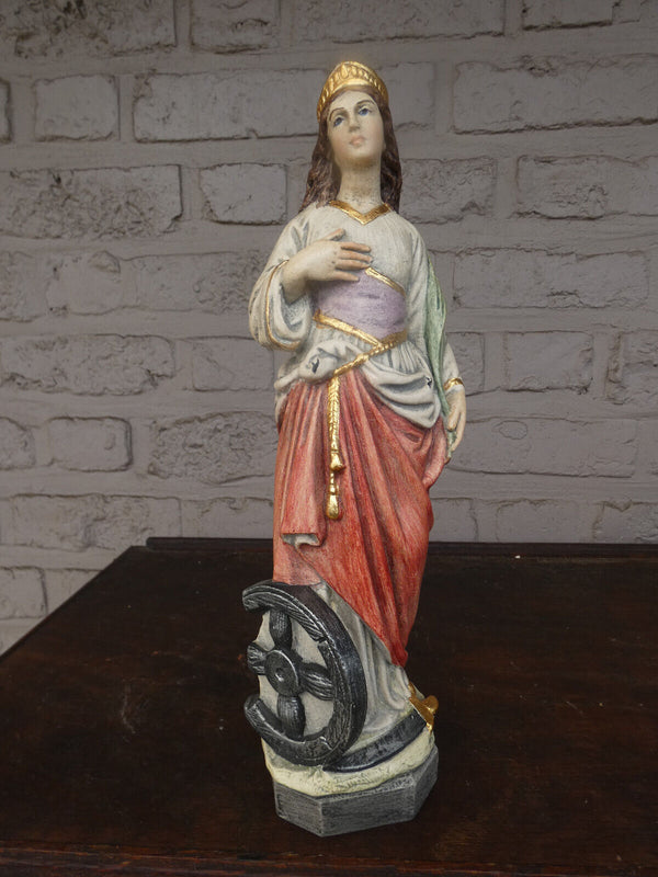 Antique Stoneware Saint Catherine wheel statue sculpture religious rare