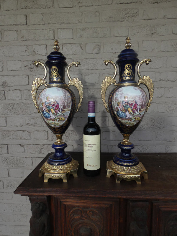 PAIR large cobalt blue Limoges decor porcelain VAses urns Victorian