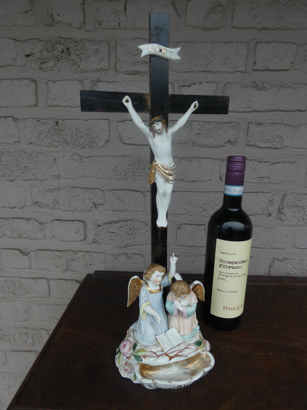 Antique French vieux old paris porcelain holy water font crucifix angels