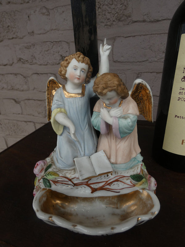 Antique French vieux old paris porcelain holy water font crucifix angels