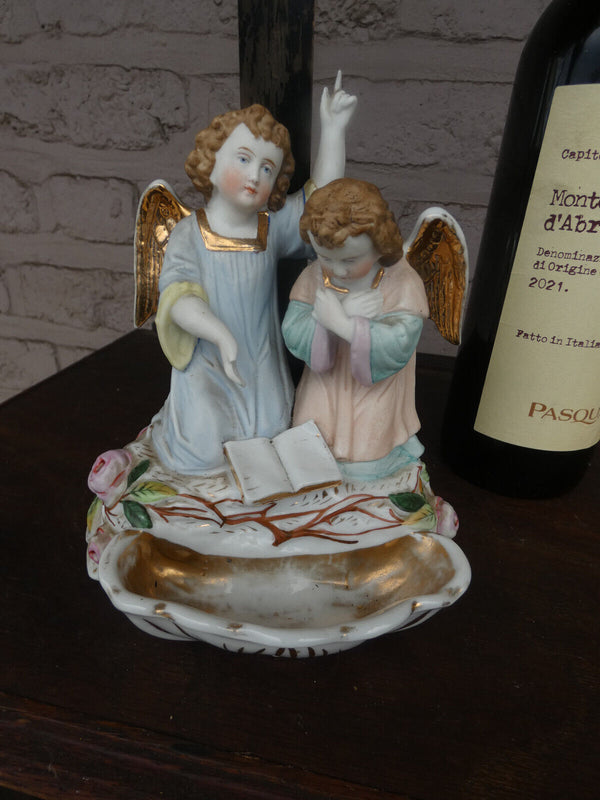 Antique French vieux old paris porcelain holy water font crucifix angels