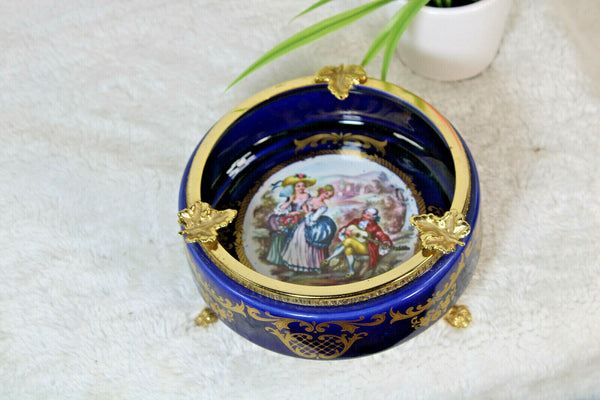 Italian cobalt blue porcelain victorian scene ashtray lion paws