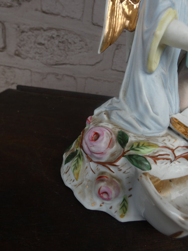 Antique French vieux old paris porcelain holy water font crucifix angels