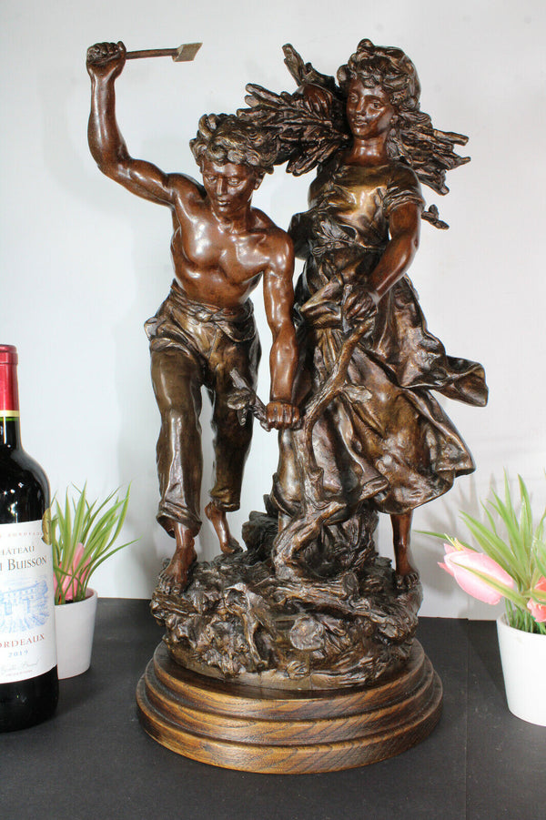 XL Hippolyte Moreau signed spelter Bronze patina statue wood statue sculpture R