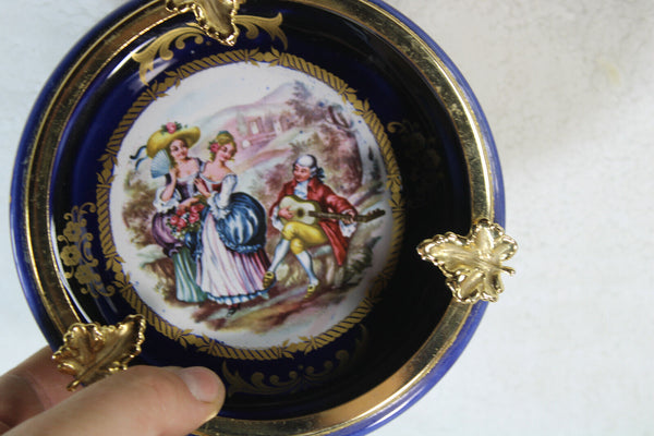 Italian cobalt blue porcelain victorian scene ashtray lion paws