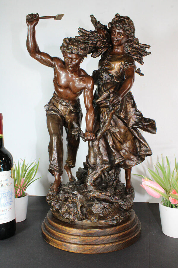 XL Hippolyte Moreau signed spelter Bronze patina statue wood statue sculpture R