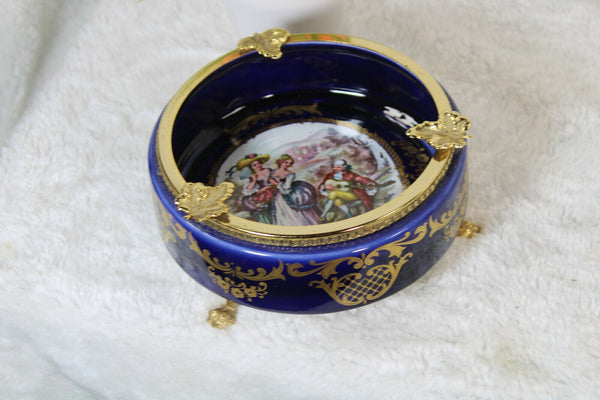 Italian cobalt blue porcelain victorian scene ashtray lion paws