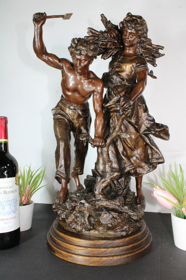 XL Hippolyte Moreau signed spelter Bronze patina statue wood statue sculpture R