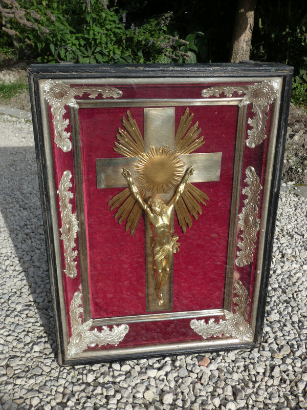 Antique 1900s French religious crucifix framed behind glass rare