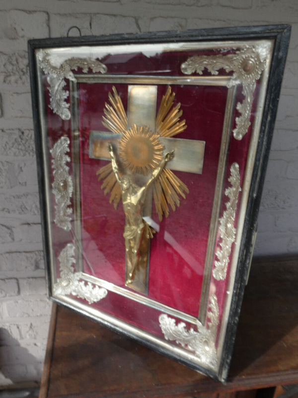 Antique 1900s French religious crucifix framed behind glass rare