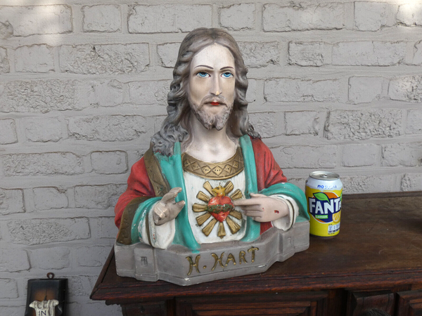 Antique Ceramic chalk sacred heart bust jesus christ statue sculpture