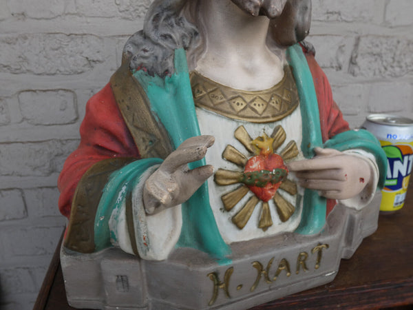 Antique Ceramic chalk sacred heart bust jesus christ statue sculpture