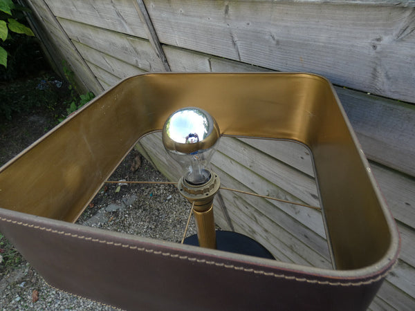 Desk Lamp with brown  Leather Shade attributed by Jacques Adnet, 1970s