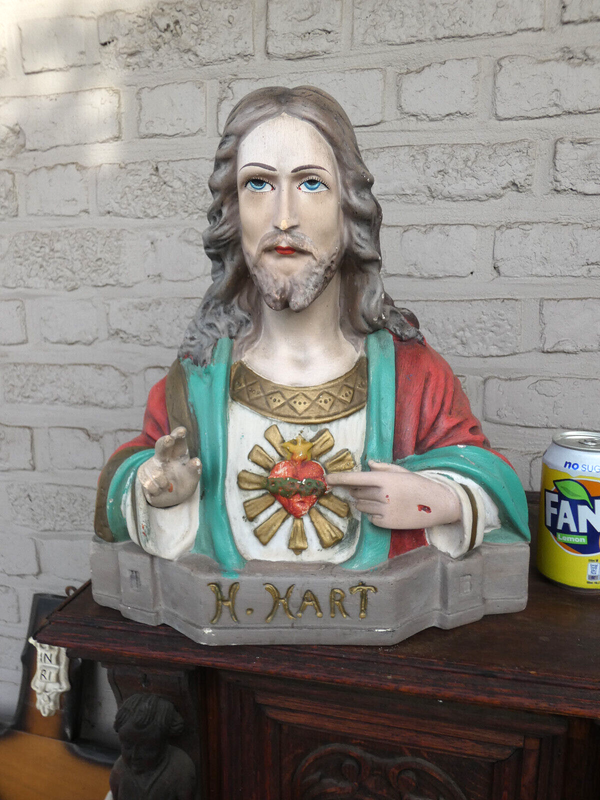 Antique Ceramic chalk sacred heart bust jesus christ statue sculpture