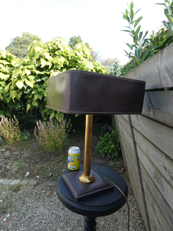 Desk Lamp with brown  Leather Shade attributed by Jacques Adnet, 1970s