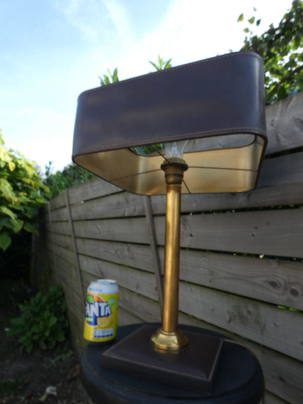 Desk Lamp with brown  Leather Shade attributed by Jacques Adnet, 1970s