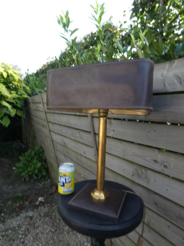 Desk Lamp with brown  Leather Shade attributed by Jacques Adnet, 1970s