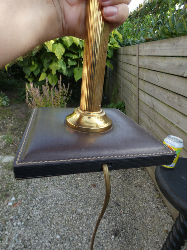 Desk Lamp with brown  Leather Shade attributed by Jacques Adnet, 1970s