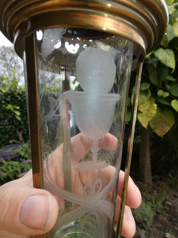 Antique Religious procession Lamp hand blown engraved glass inside chalice eye