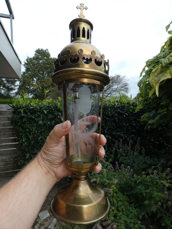 Antique Religious procession Lamp hand blown engraved glass inside chalice eye