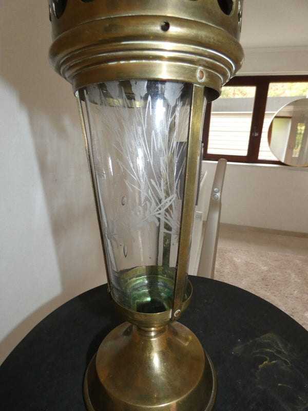 Antique Religious procession Lamp hand blown engraved glass inside chalice eye