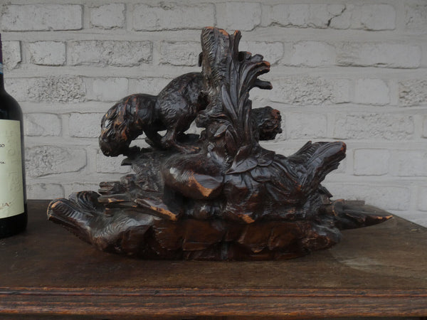 Antique XL German black forest wood carved hunting dog inkwell Desk