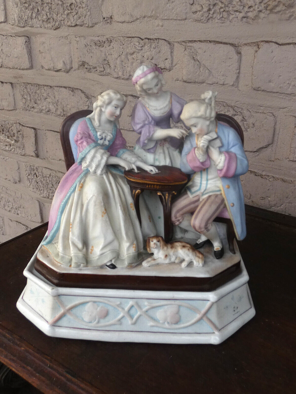 Antique Vieux paris porcelain hidden inkwell cart players dog statue rare