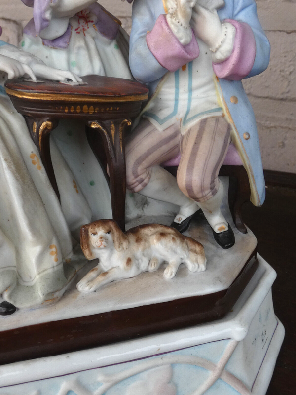 Antique Vieux paris porcelain hidden inkwell cart players dog statue rare