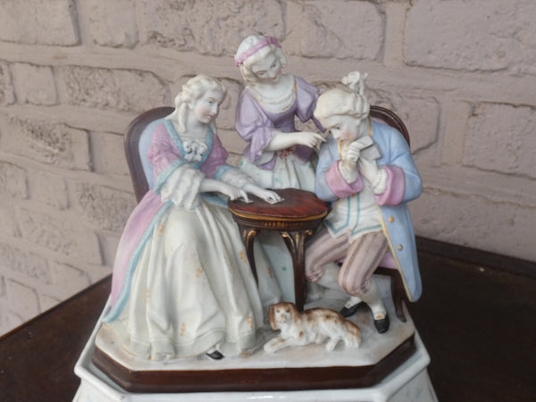 Antique Vieux paris porcelain hidden inkwell cart players dog statue rare