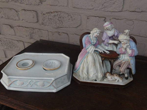 Antique Vieux paris porcelain hidden inkwell cart players dog statue rare