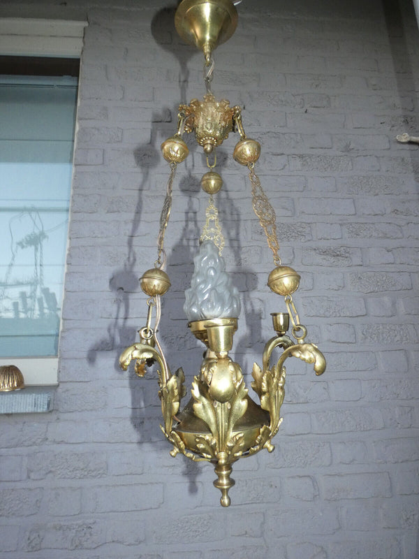 Antique bronze chandelier lamp 3 candle holders flame shade religious