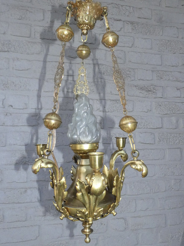 Antique bronze chandelier lamp 3 candle holders flame shade religious