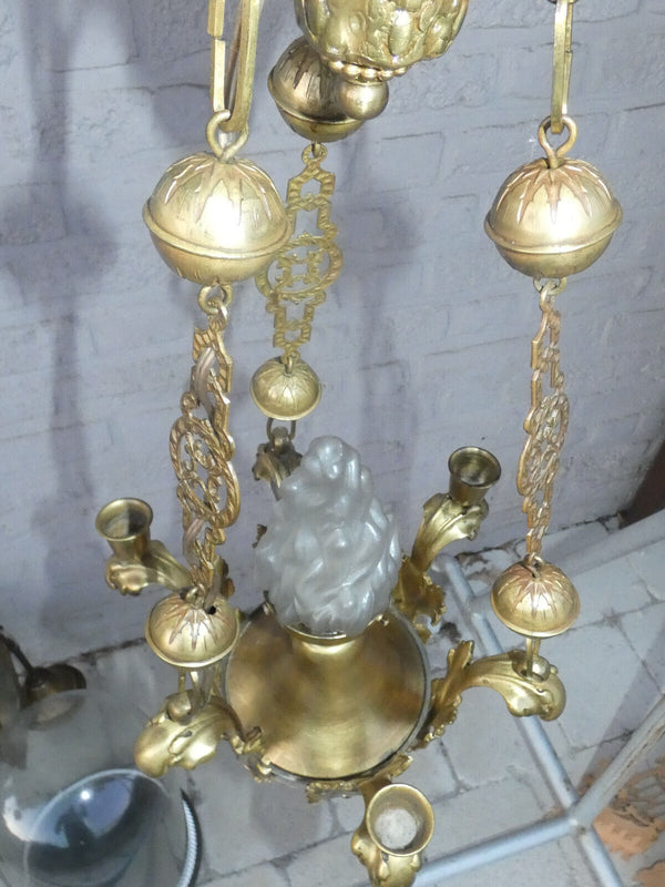 Antique bronze chandelier lamp 3 candle holders flame shade religious