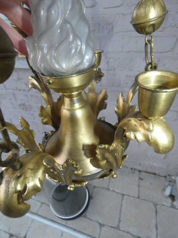 Antique bronze chandelier lamp 3 candle holders flame shade religious