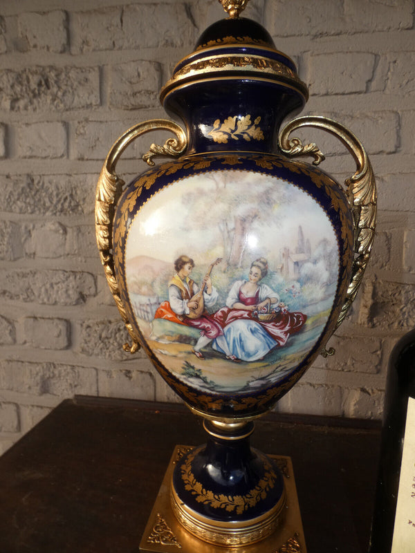 PAIR large sevres style cobalt blue porcelain urns vases romantic decor