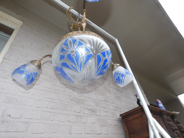 Antique art nouveau Glass blue etched chandelier lamp rare 3 arms