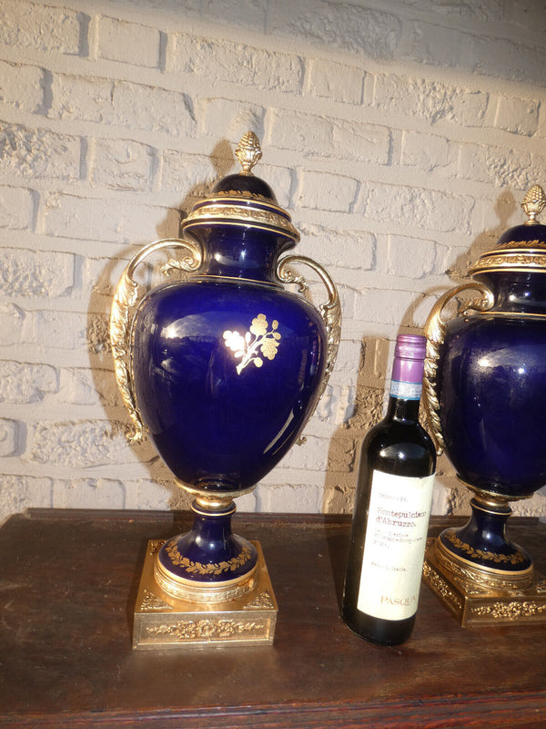 PAIR large sevres style cobalt blue porcelain urns vases romantic decor