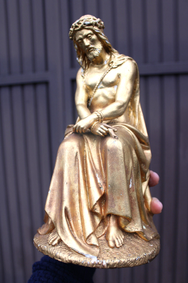 Antique religious chalk gold gilt Jesus tied figurine statue Rare