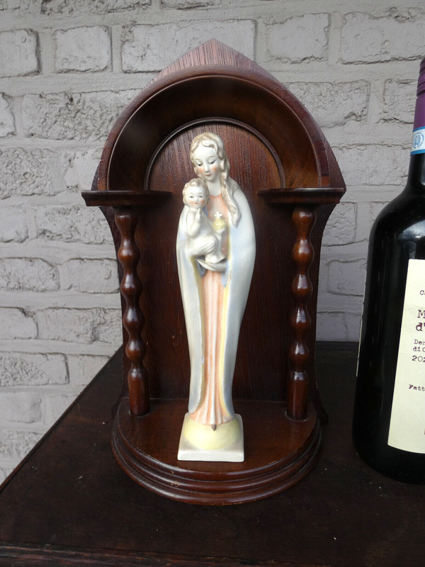 German HUMMEL porcelain madonna marked statue on console wood