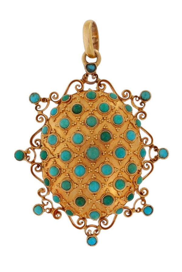 Antique original 19thc Rare gold 18k turquoise stones pendant photo locket holde