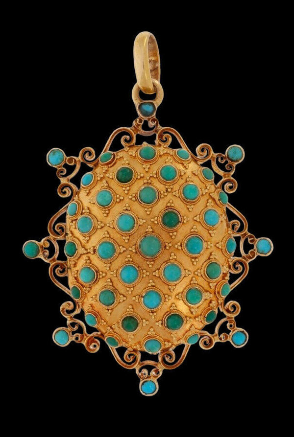 Antique original 19thc Rare gold 18k turquoise stones pendant photo locket holde