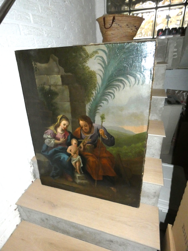 Antique 1800s Oil canvas Holy family painting mary joseph jesus rare religious