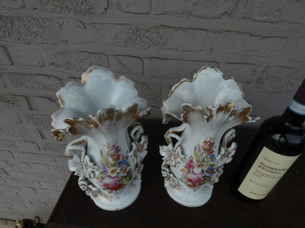 antique pair Vieux paris porcelain floral paint vases