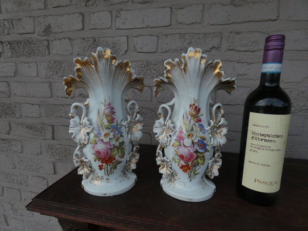 antique pair Vieux paris porcelain floral paint vases