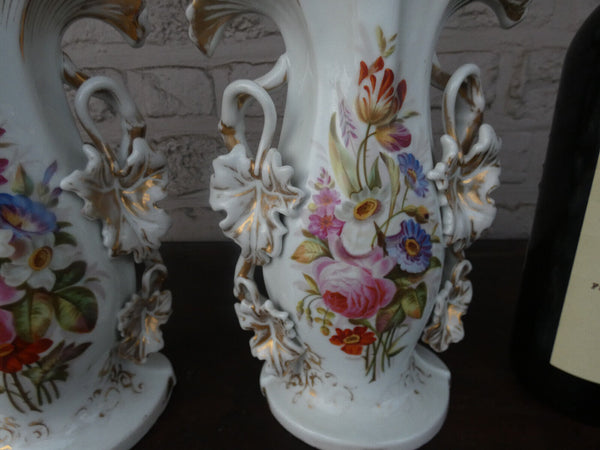 antique pair Vieux paris porcelain floral paint vases