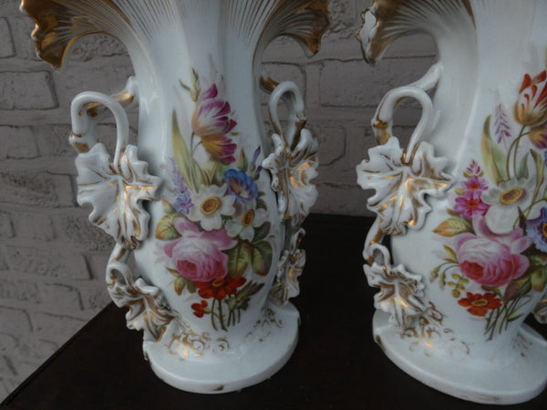 antique pair Vieux paris porcelain floral paint vases